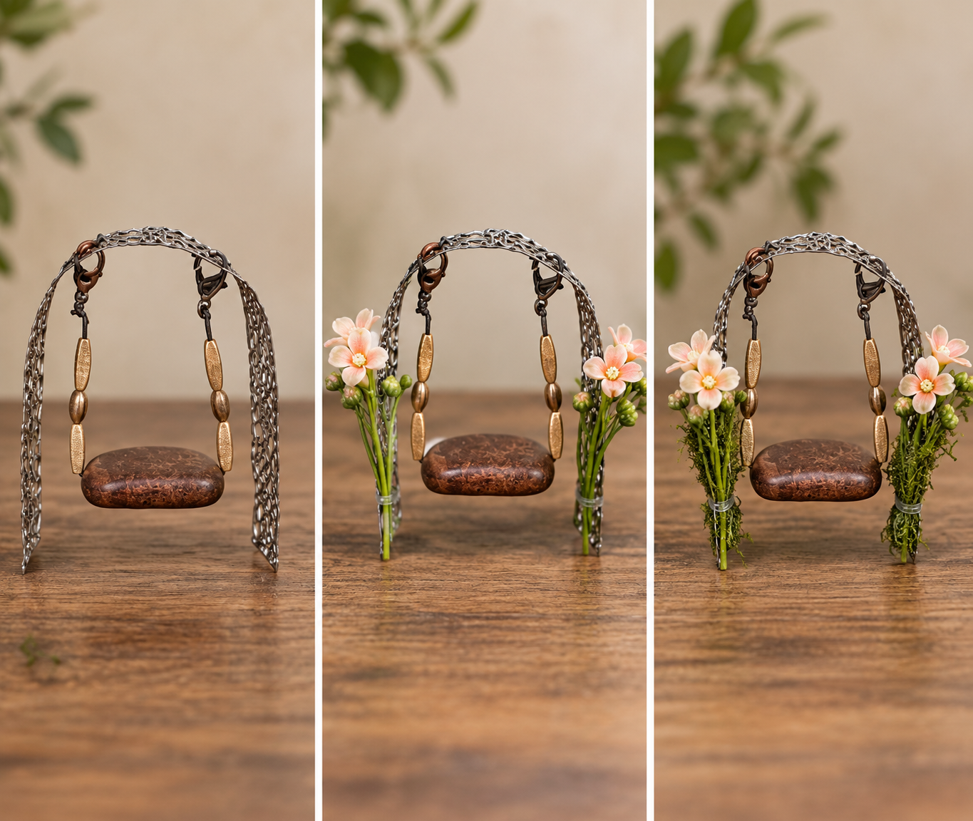 Three stages of the fairy swing showing the shaped metal frame, added flowers, and moss-covered structure