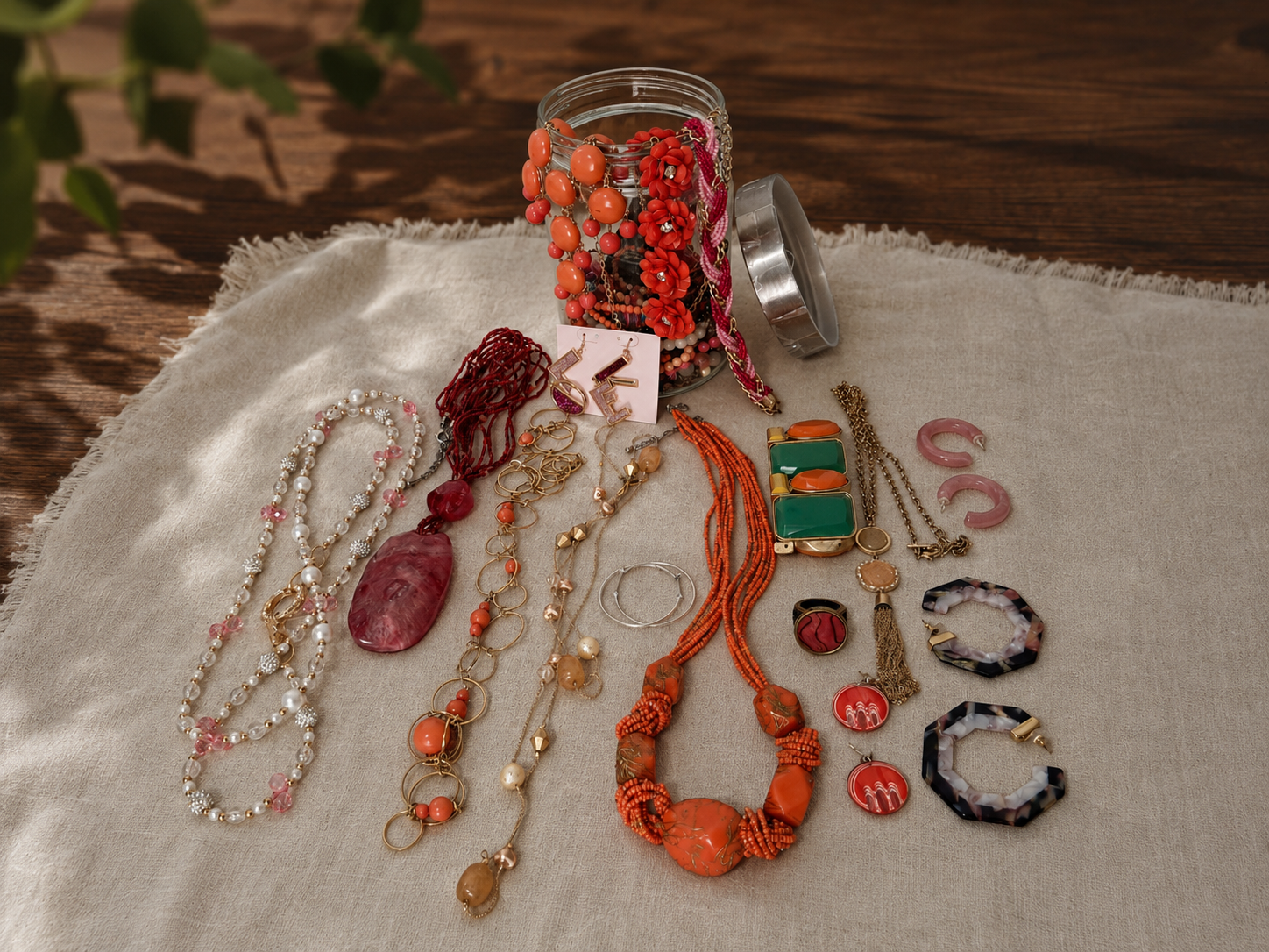 Coral and pink pieces laid out for inspection