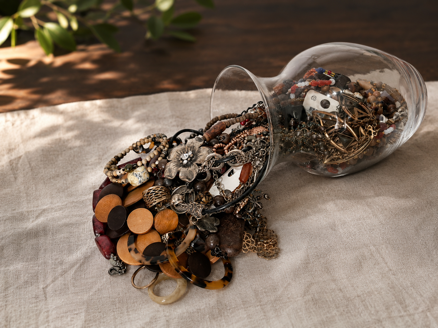 Earthy thrifted jewelry spilling from a glass jar