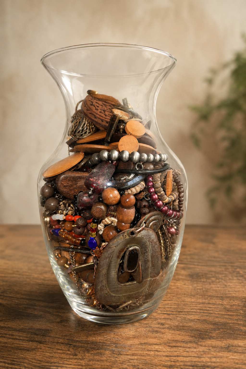 A large glass jar filled with earthy thrifted jewelry in wood, bronze, burgundy, and silver tones