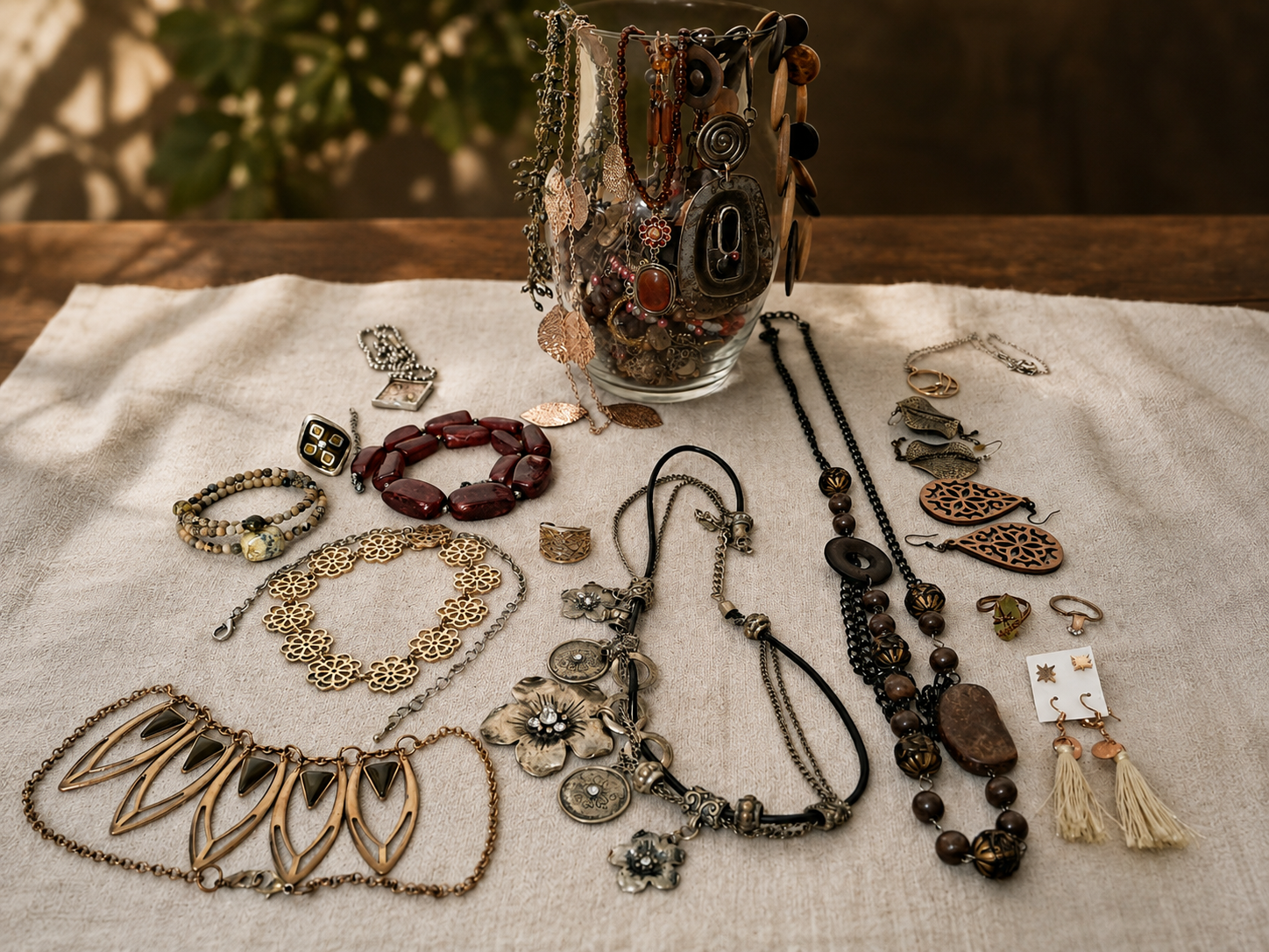 Earthy jewelry pieces arranged for inspection