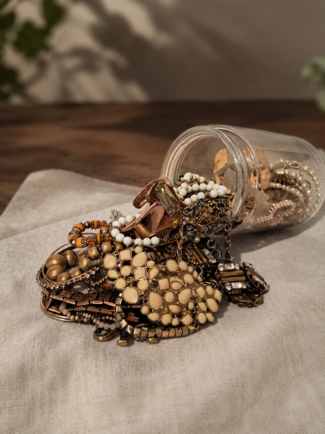 Gold and pearl jewelry spilling from its jar