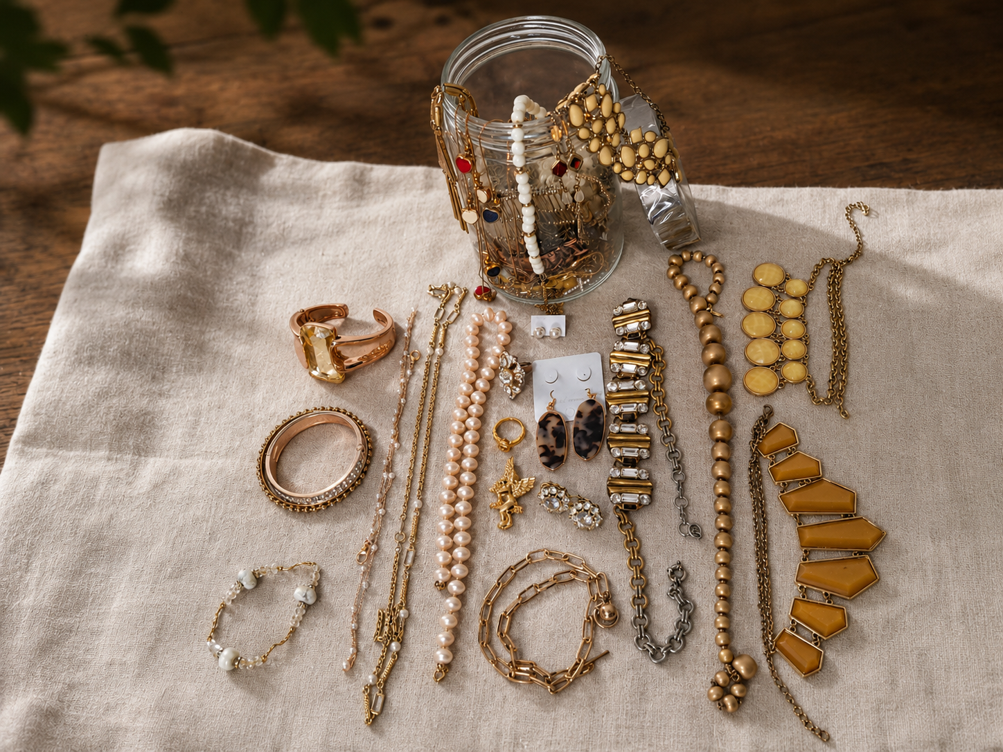 Gold and pearl pieces laid out for inspection