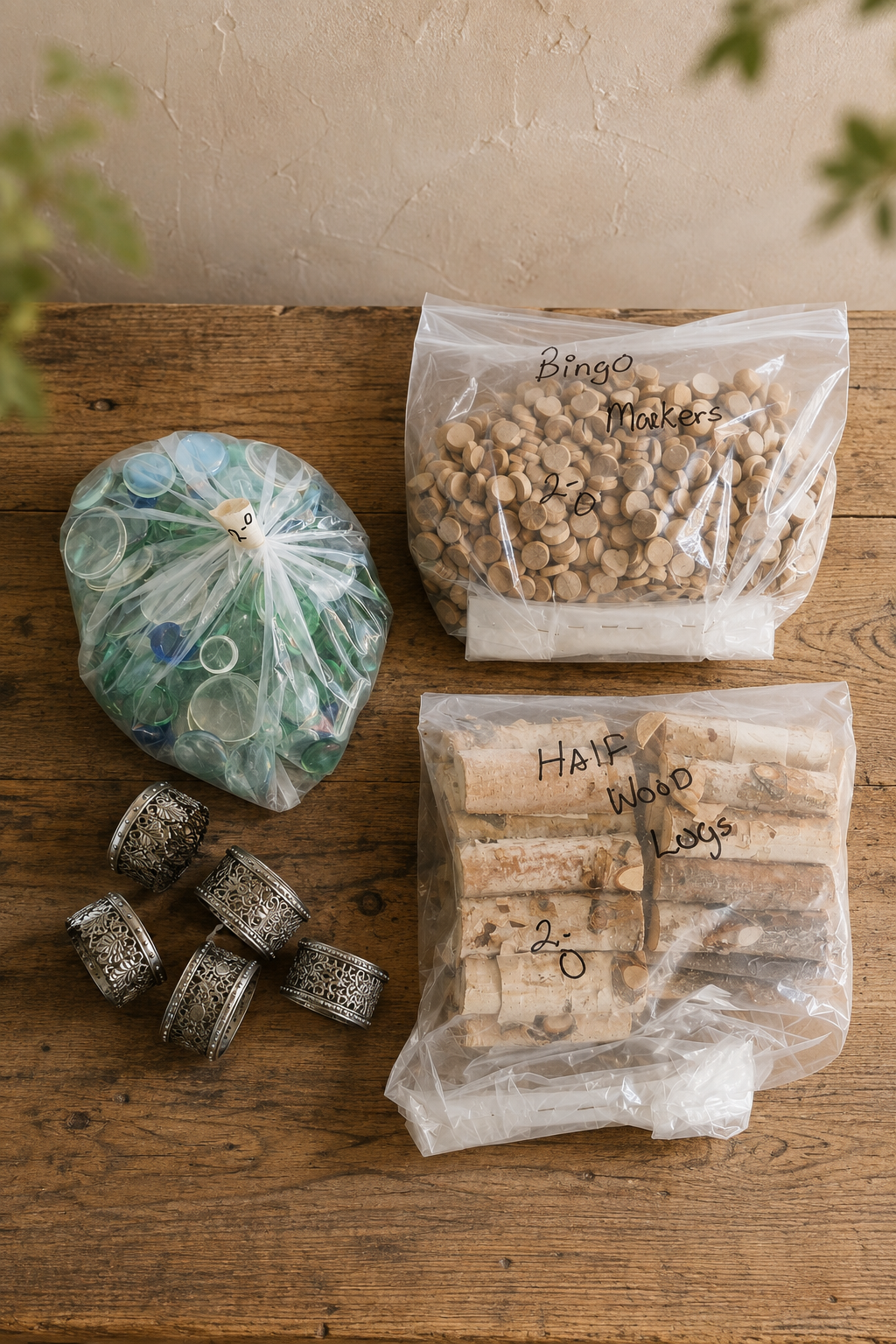 Thrifted glass beads, bingo markers, birch half logs, and decorative metal ribbon